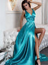 A Line V Neck Sleeveless Green Prom Dresses With Hith Split LBQ1367